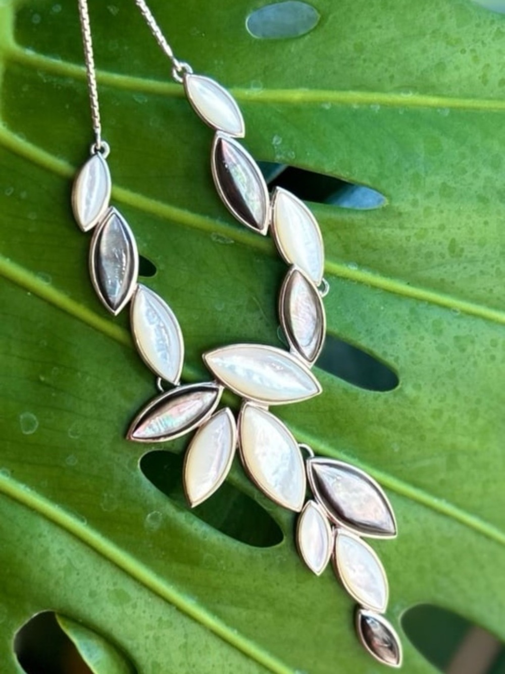Sterling silver white & Tahitian mother of pearl waterfall cocktail bib necklace